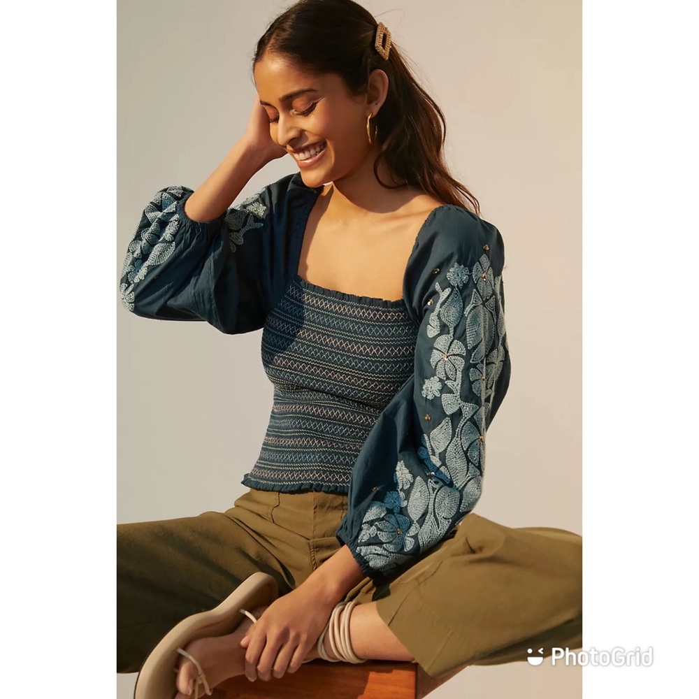 Anthropologie Smocked Emboidered Blouse - NWT